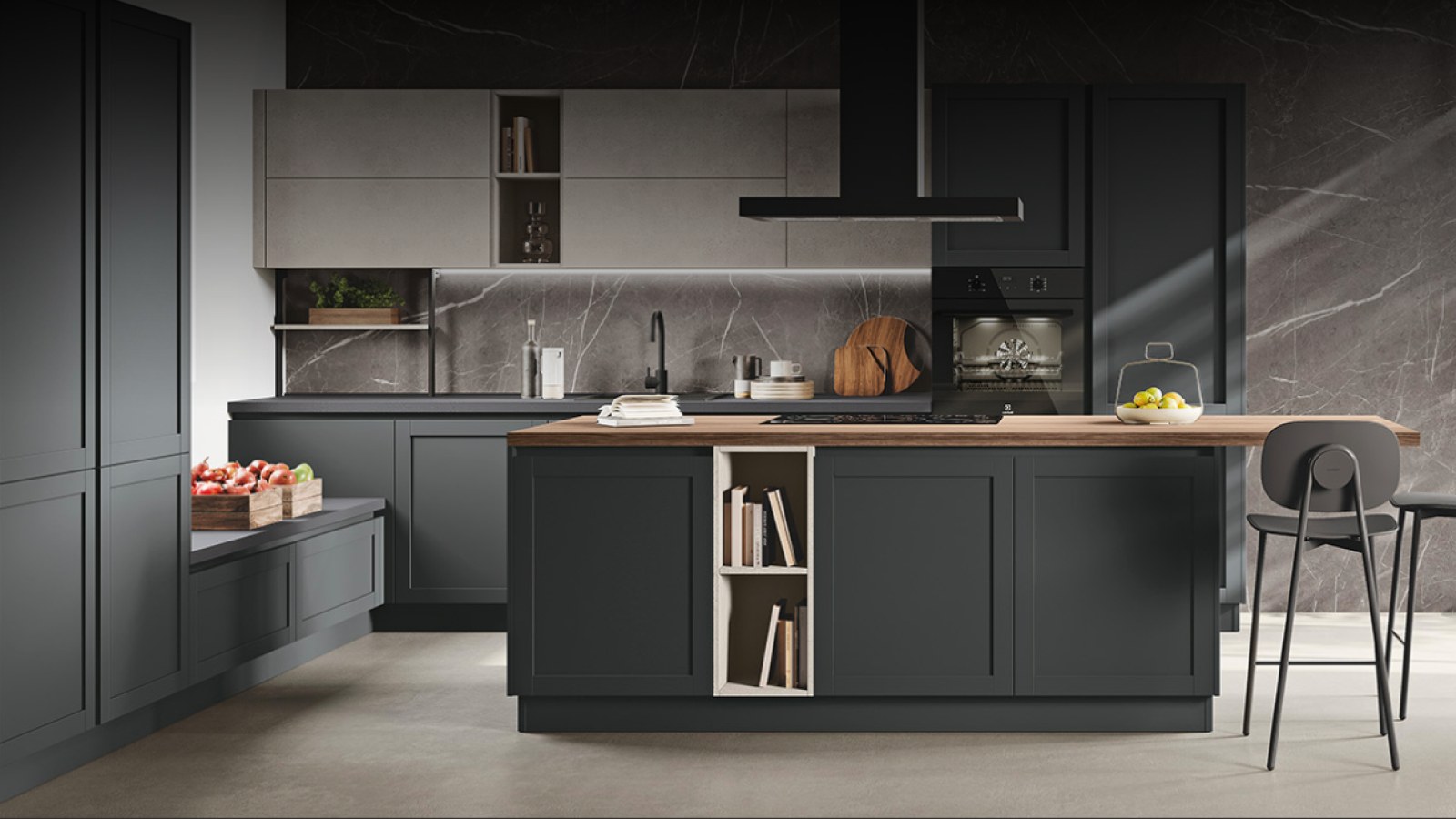 Dark bespoke kitchen with an island and open shelving