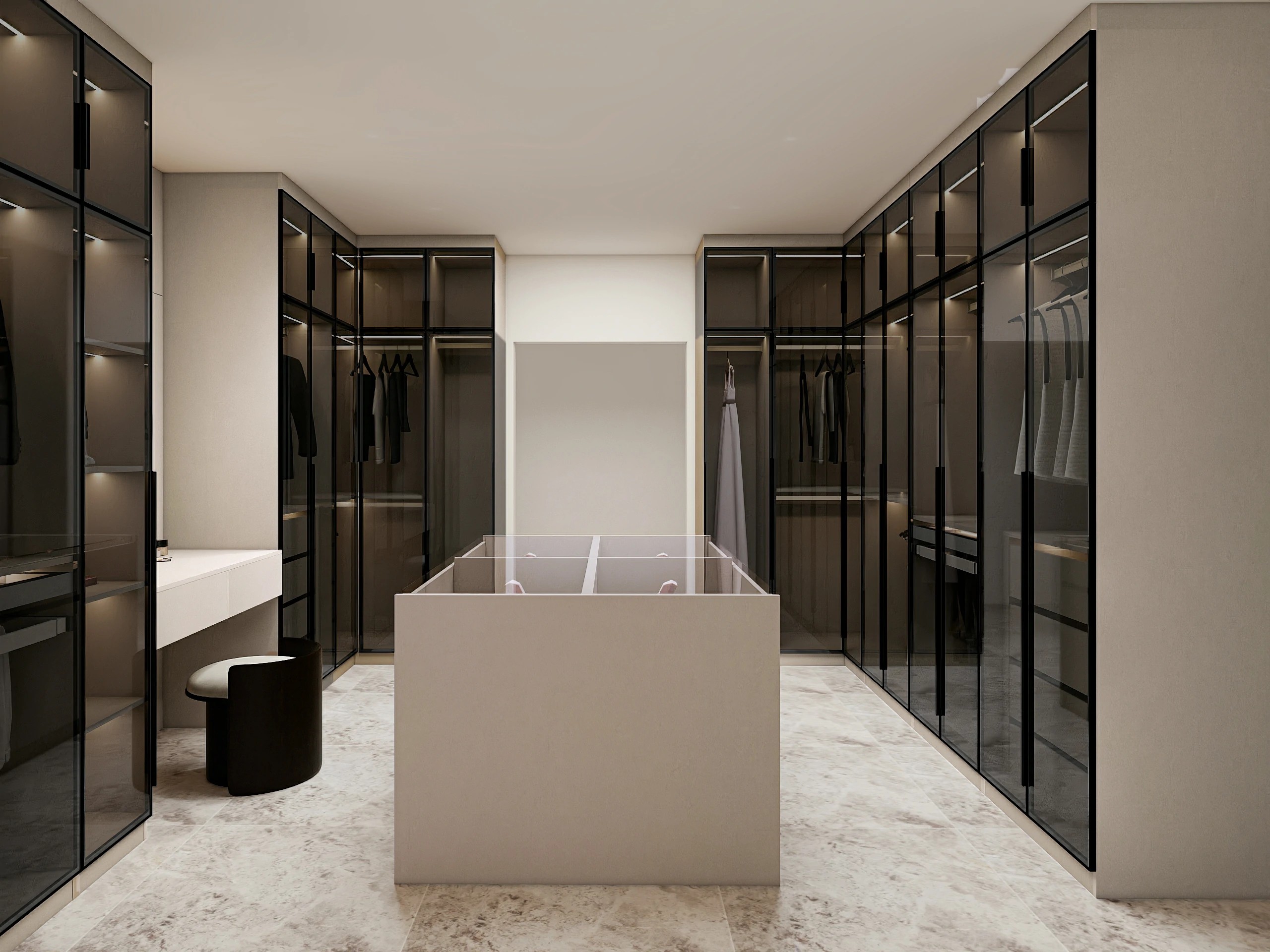 Walk-in wardrobe with dark glass fronts