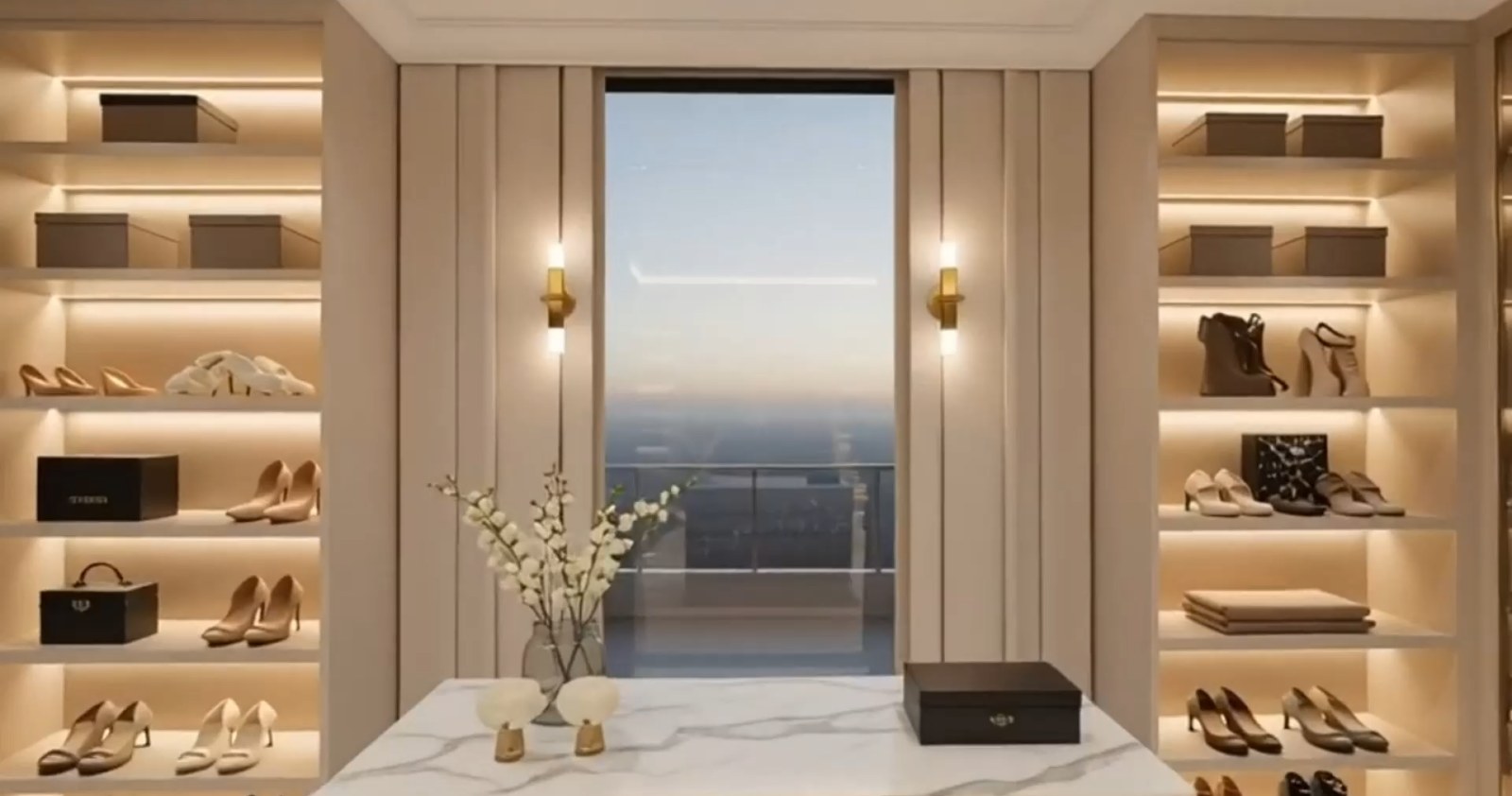 Walk-in wardrobe with backlit shelving and a city view